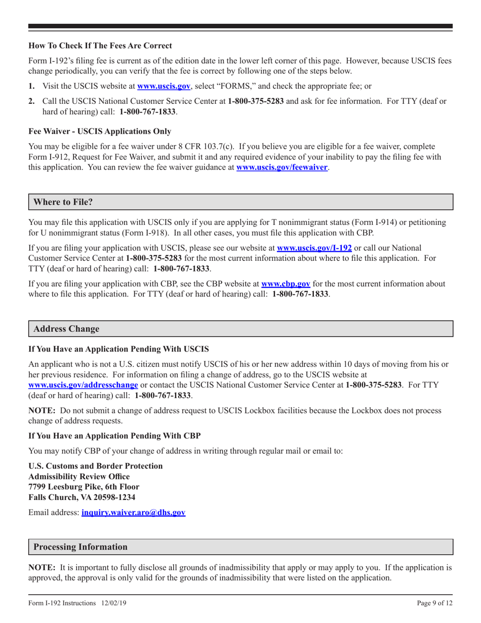 Instructions for USCIS Form I-192 Application for Advance Permission to Enter as a Nonimmigrant, Page 9