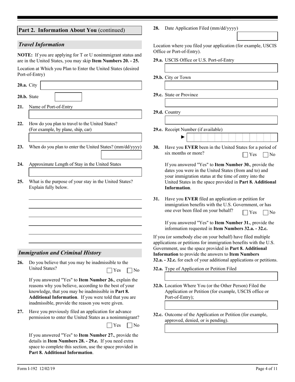 USCIS Form I-192 Application for Advance Permission to Enter as a Nonimmigrant, Page 4