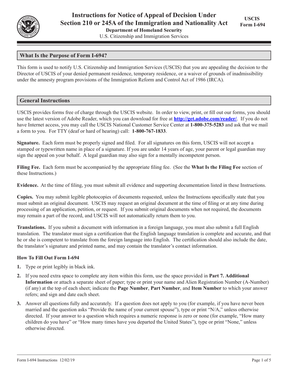 Download Instructions for USCIS Form I-694 Notice of Appeal of Decision ...