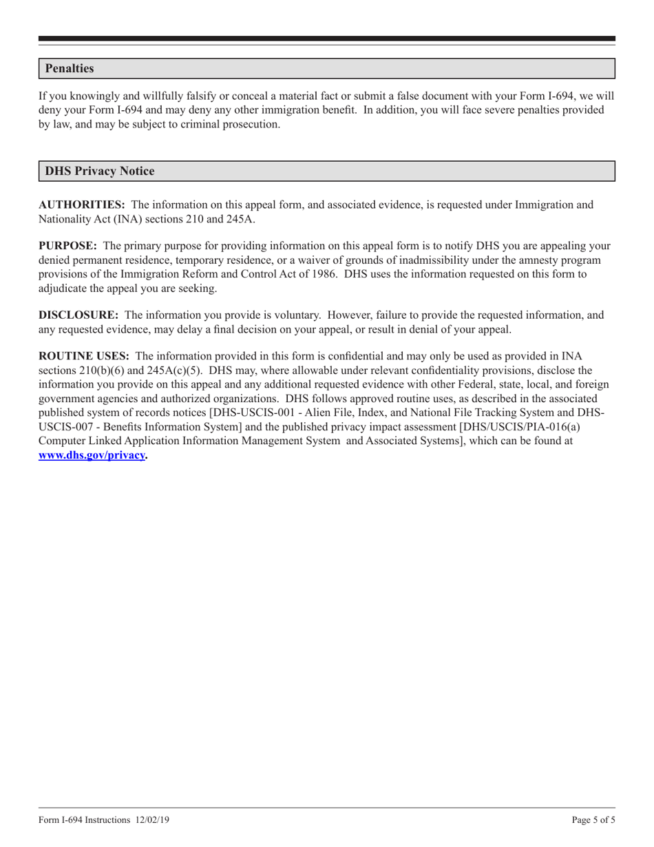 Instructions for USCIS Form I-694 Notice of Appeal of Decision Under Sections 245a or 210 of the Immigration and Nationality Act, Page 5