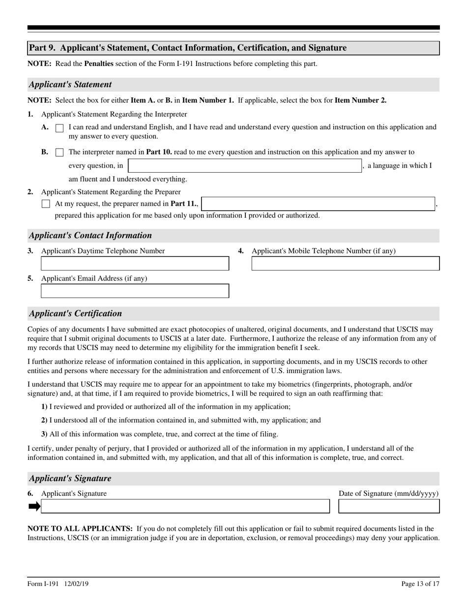 USCIS Form I-191 Application for Relief Under Former Section 212(C) of the Immigration and Nationality Act (Ina), Page 13