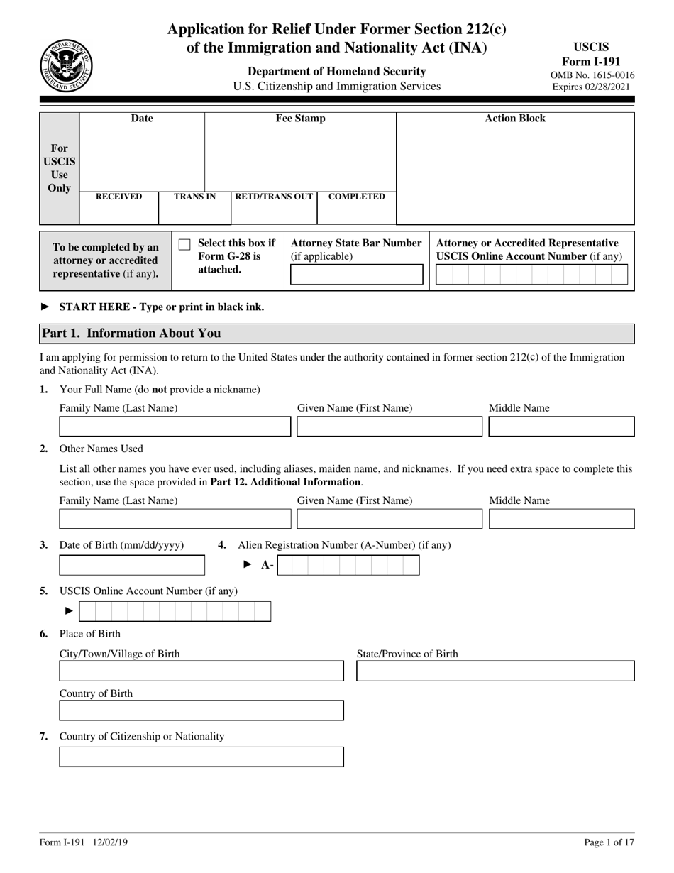 Uscis Form I 191 Download Fillable Pdf Or Fill Online Application For