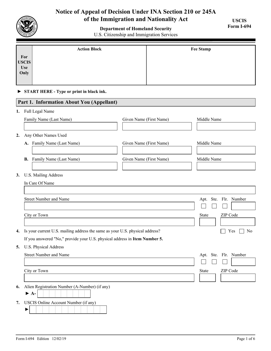 USCIS Form I-694 Notice of Appeal of Decision Under Sections 245a or 210 of the Immigration and Nationality Act, Page 1