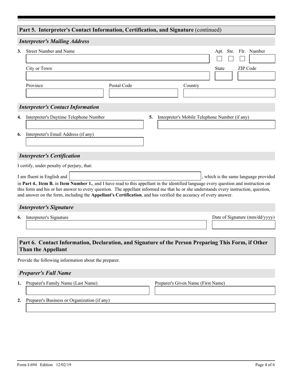 USCIS Form I-694 Notice of Appeal of Decision Under Sections 245a or 210 of the Immigration and Nationality Act, Page 4