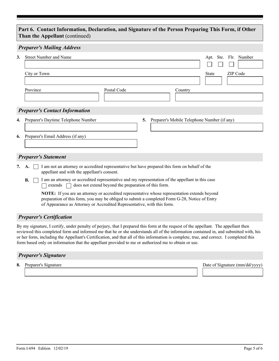 USCIS Form I-694 Notice of Appeal of Decision Under Sections 245a or 210 of the Immigration and Nationality Act, Page 5