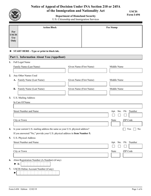 USCIS Form I-694  Printable Pdf