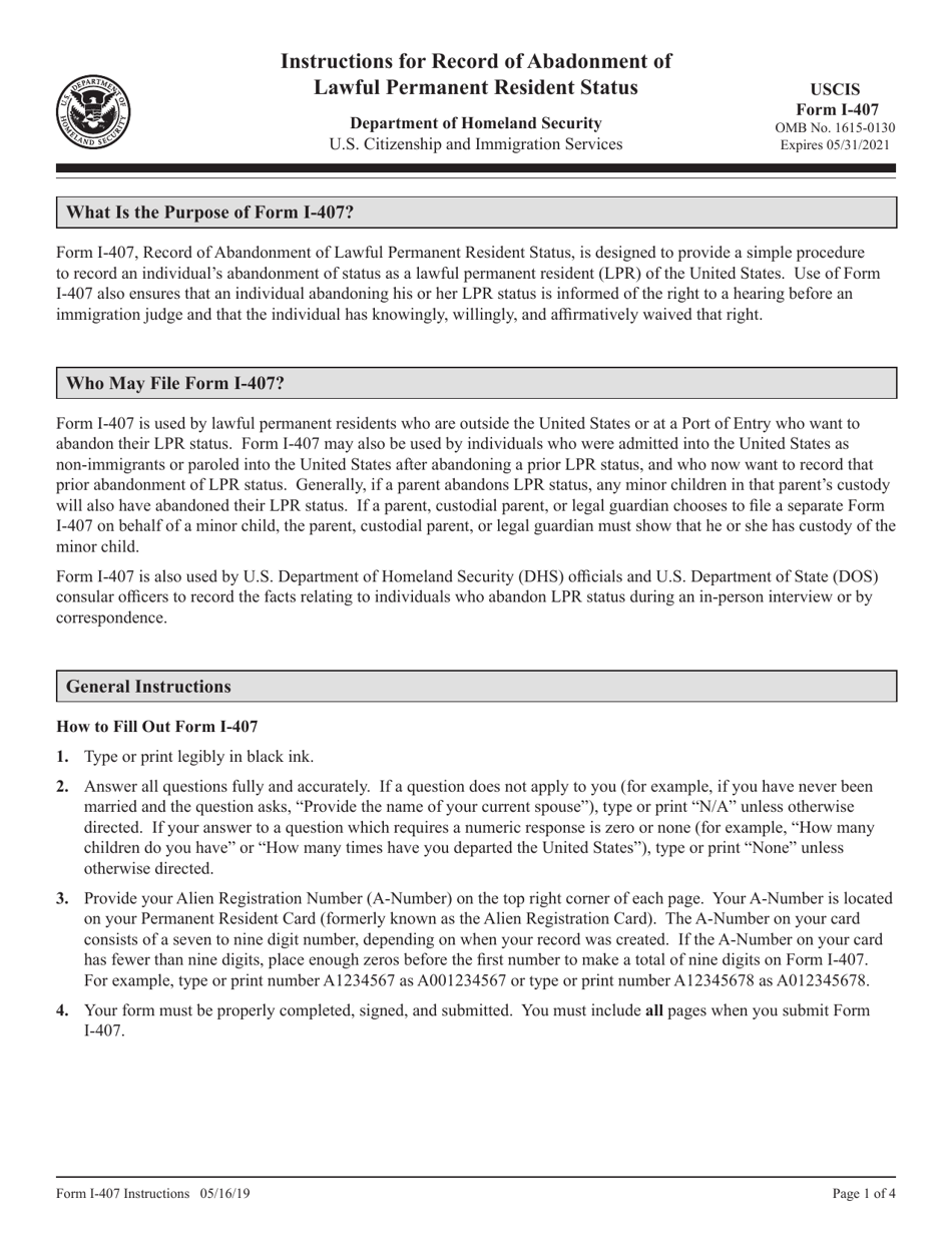 Instructions for USCIS Form I-407 Record of Abandonment of Lawful Permanent Resident Status, Page 1