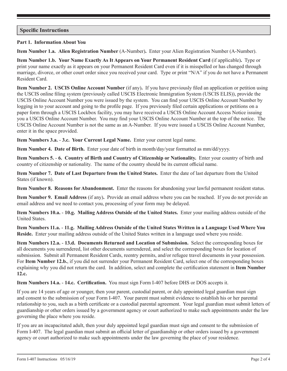 Instructions for USCIS Form I-407 Record of Abandonment of Lawful Permanent Resident Status, Page 2