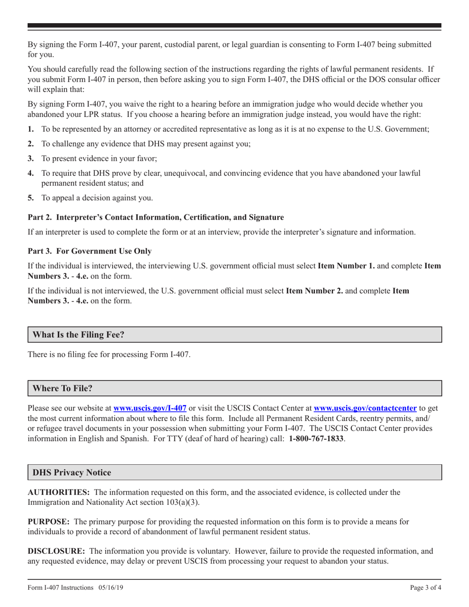 Instructions for USCIS Form I-407 Record of Abandonment of Lawful Permanent Resident Status, Page 3