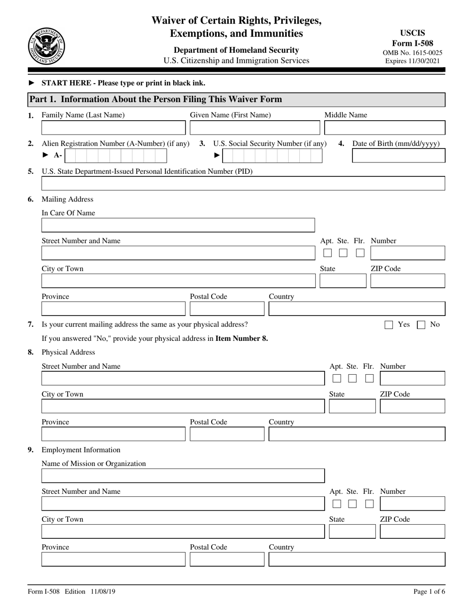 USCIS Form I-508 Request for Waiver of Certain Rights, Privileges, Exemptions and Immunities, Page 1