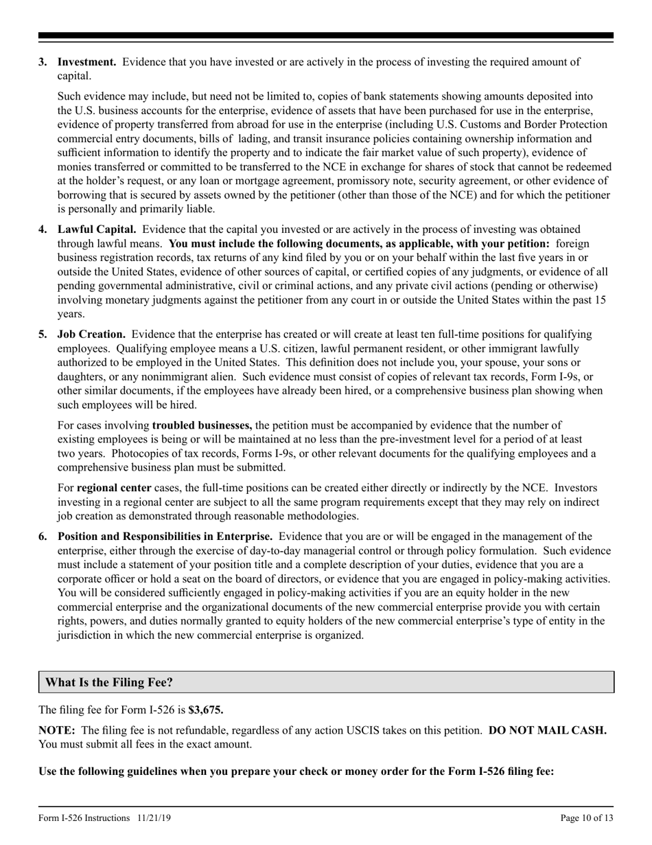 Instructions for USCIS Form I-526 Immigrant Petition by Alien Investor, Page 10