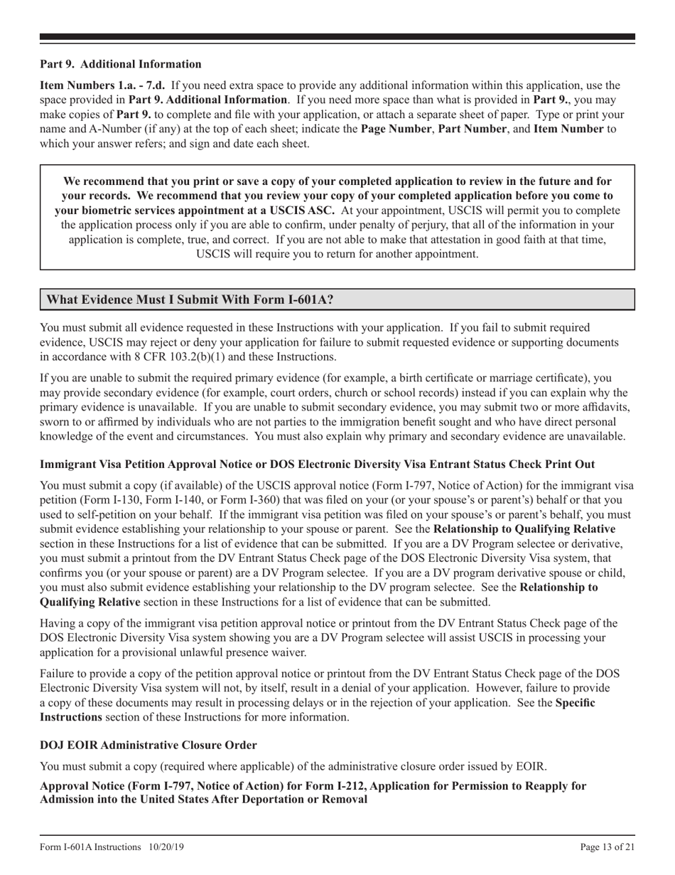 Instructions for USCIS Form I-601A Application for Provisional Unlawful Presence Waiver, Page 13