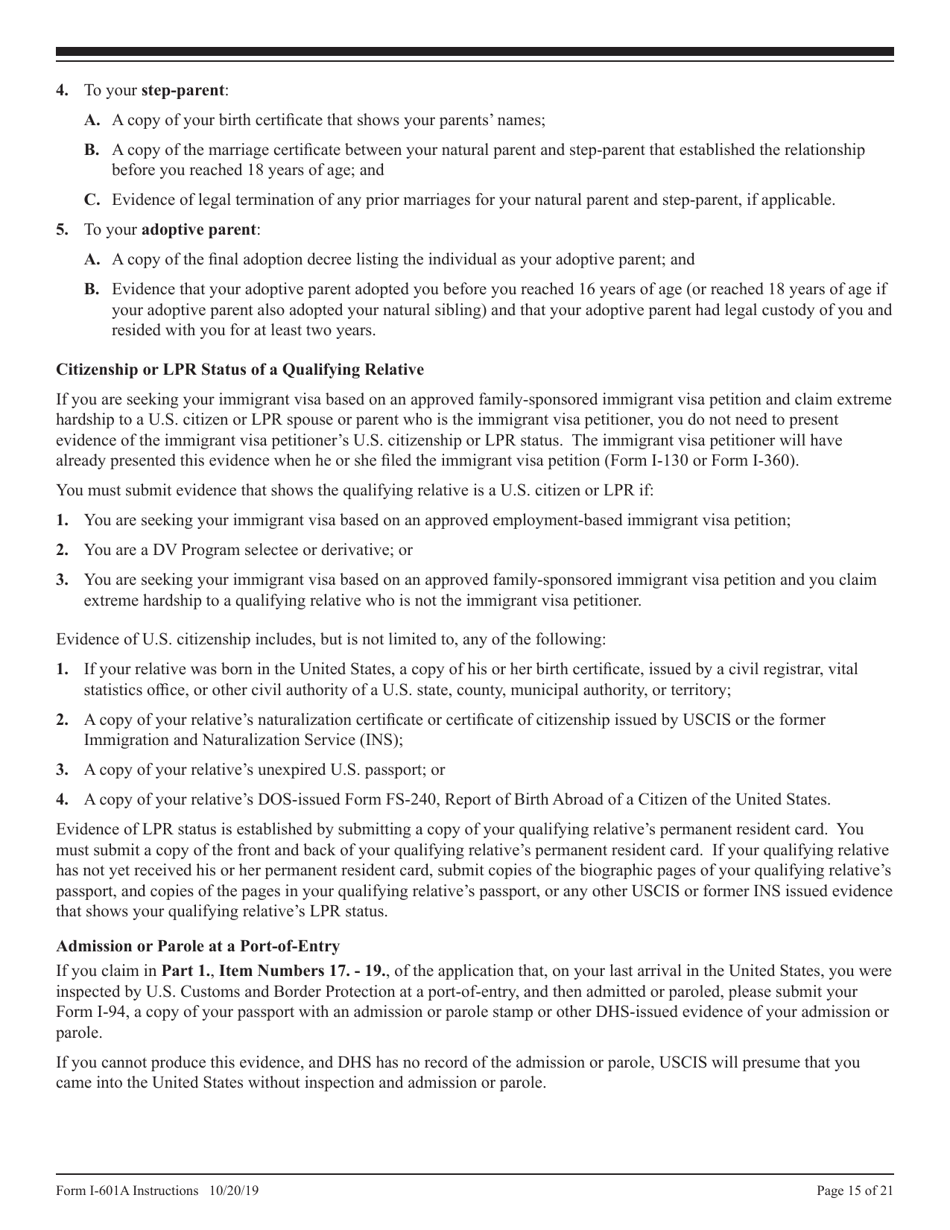 Instructions for USCIS Form I-601A Application for Provisional Unlawful Presence Waiver, Page 15