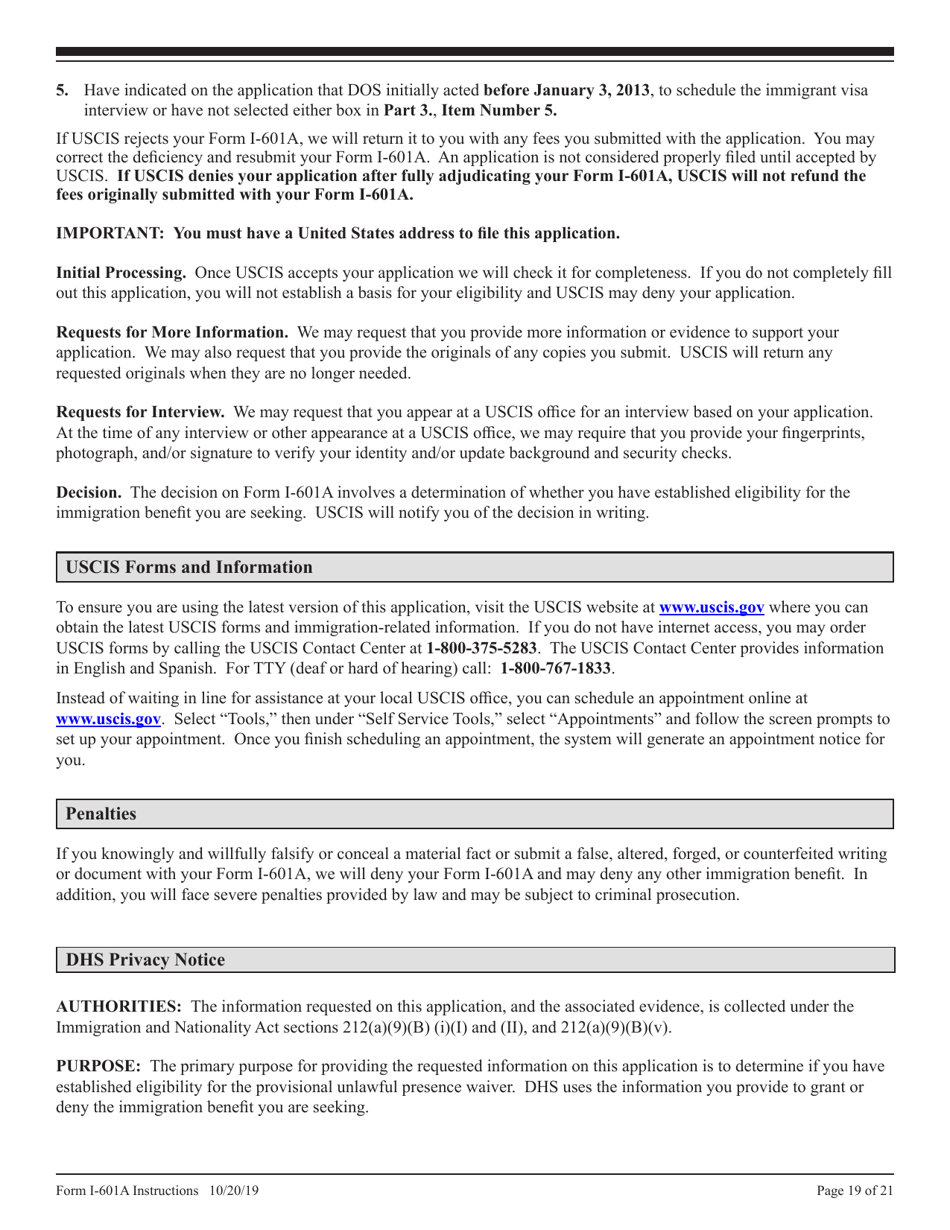 Instructions for USCIS Form I-601A Application for Provisional Unlawful Presence Waiver, Page 19