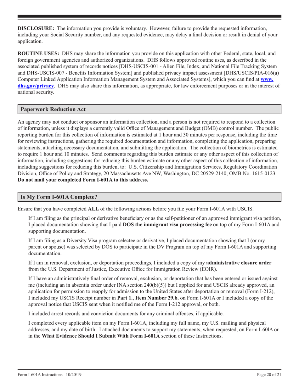 Instructions for USCIS Form I-601A Application for Provisional Unlawful Presence Waiver, Page 20