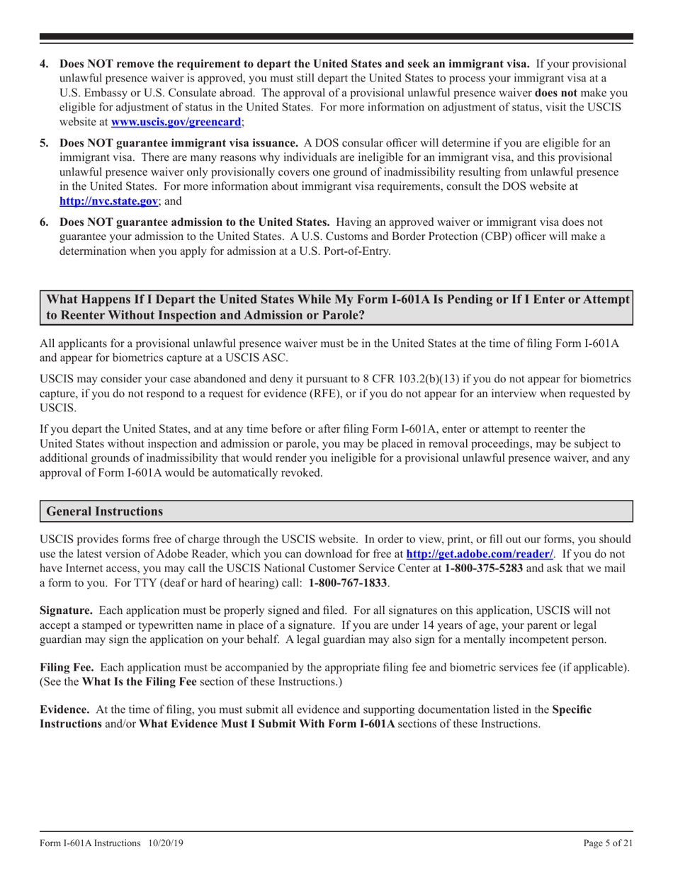 Instructions for USCIS Form I-601A Application for Provisional Unlawful Presence Waiver, Page 5