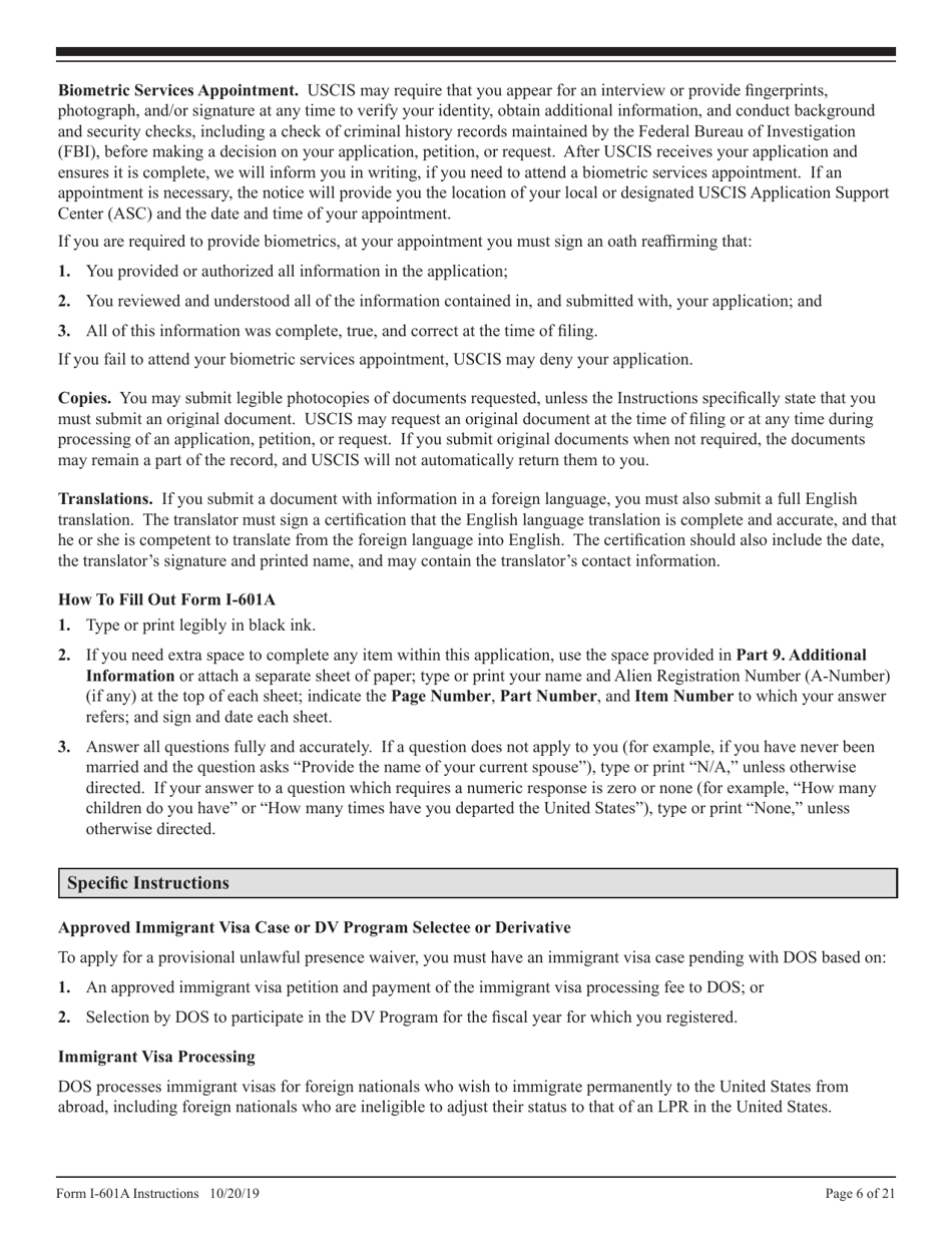 Instructions for USCIS Form I-601A Application for Provisional Unlawful Presence Waiver, Page 6