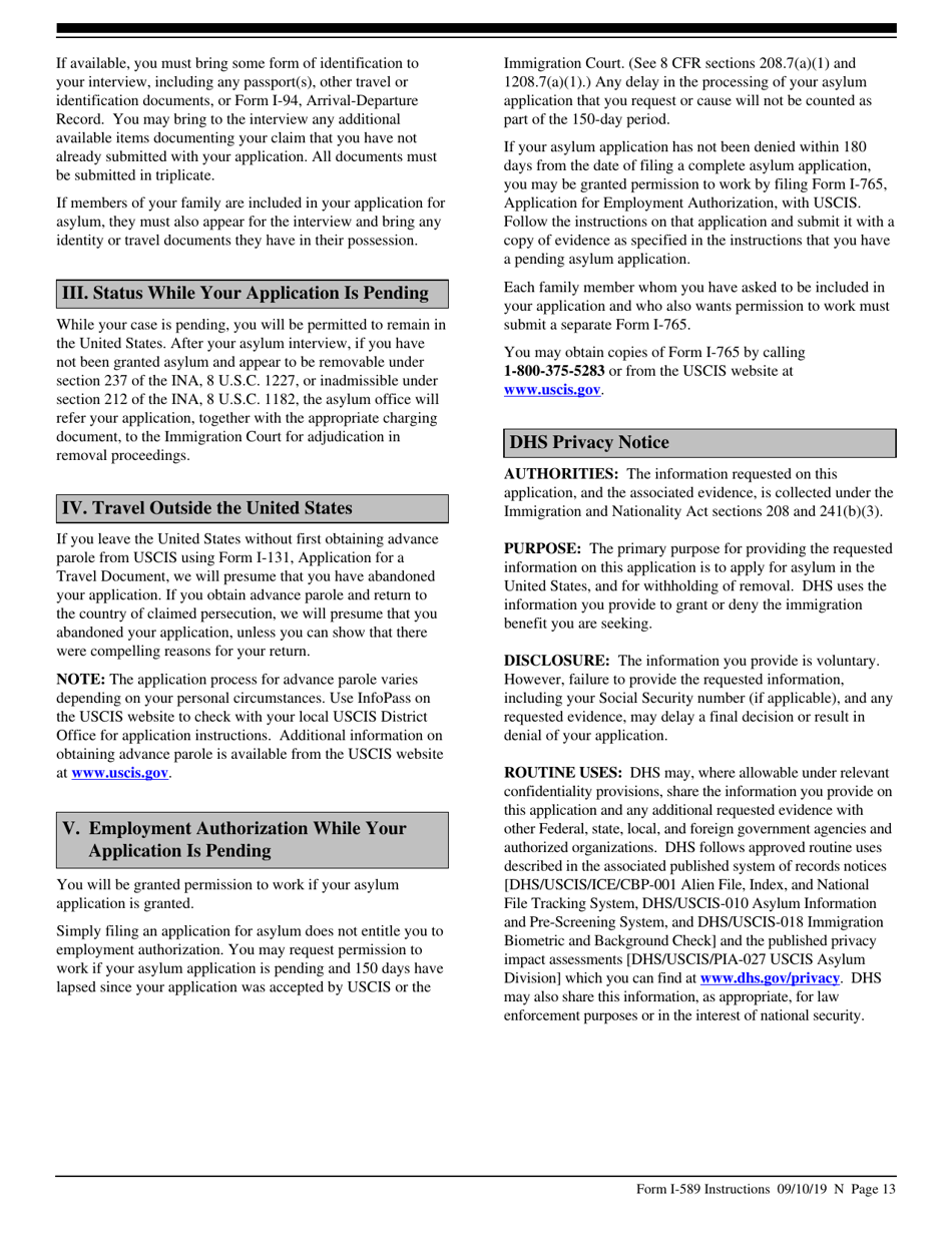 Instructions for USCIS Form I-589 Application for Asylum and for Withholding of Removal, Page 13