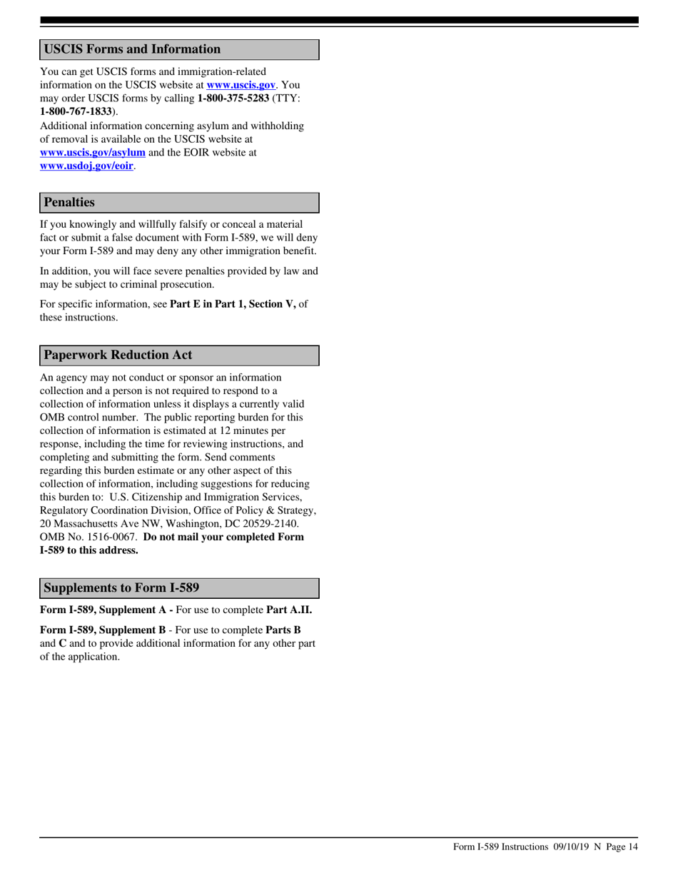 Instructions for USCIS Form I-589 Application for Asylum and for Withholding of Removal, Page 14