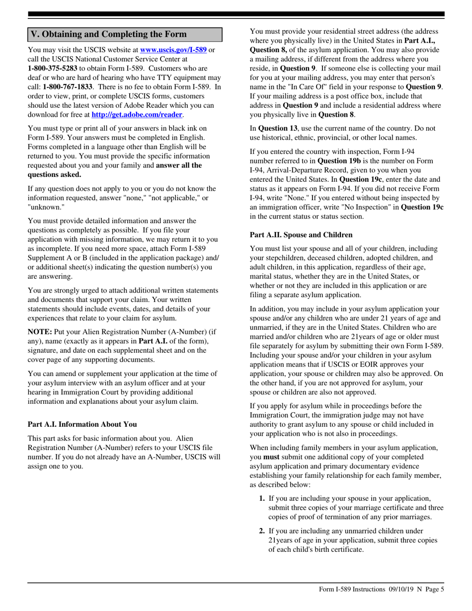 Instructions for USCIS Form I-589 Application for Asylum and for Withholding of Removal, Page 5