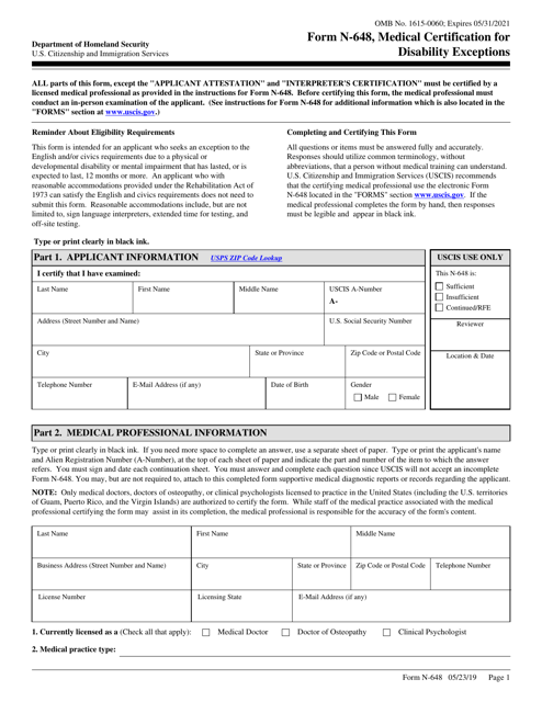Form N-648 Medical Certification for Disability Exceptions