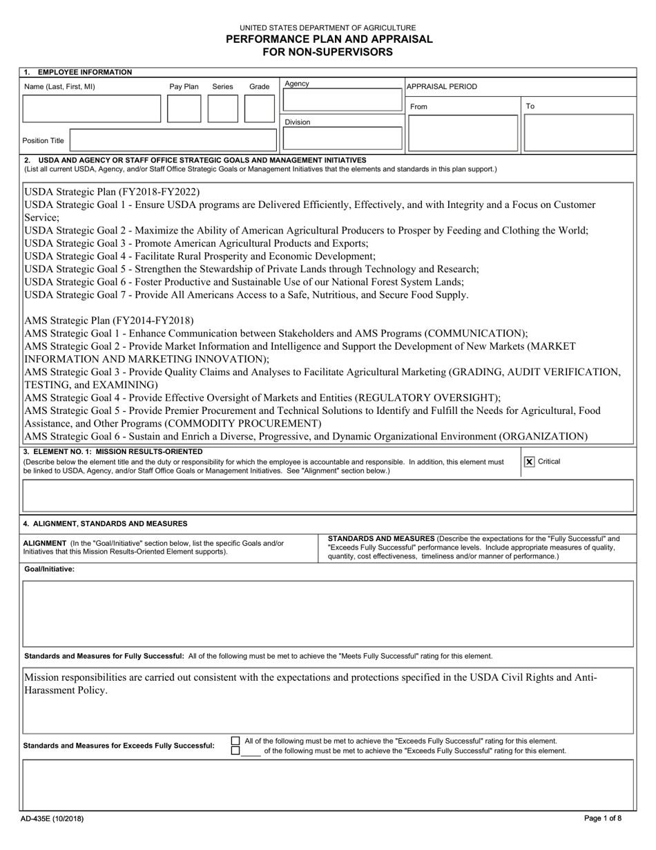 Form AD-435E Ams Performance Plan and Appraisal for Non-supervisors, Page 1