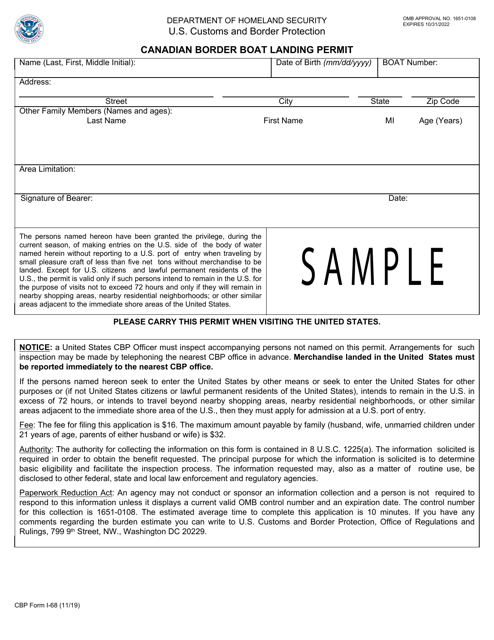 CBP Form I-68  Printable Pdf