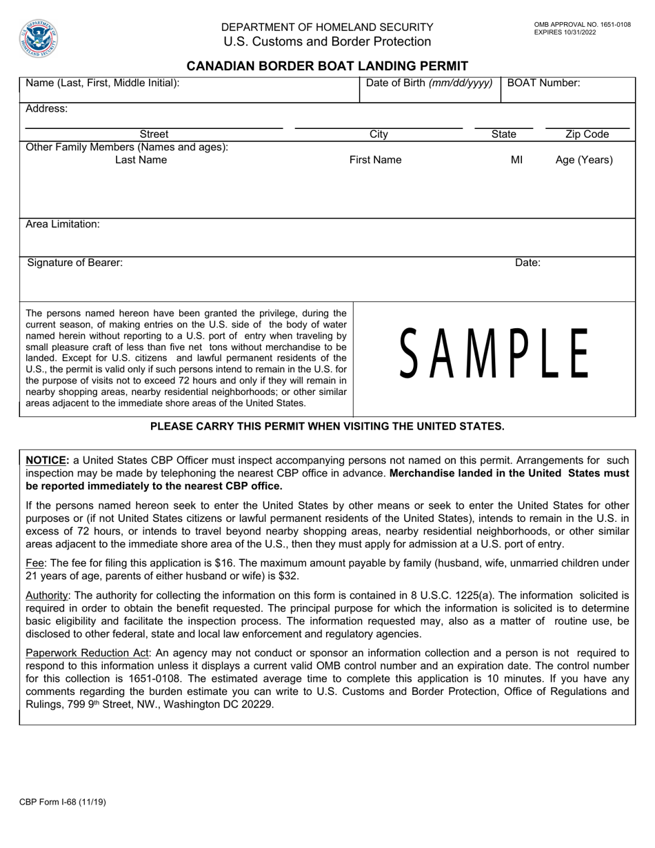 CBP Form I-68 Canadian Border Boat Landing Permit, Page 1