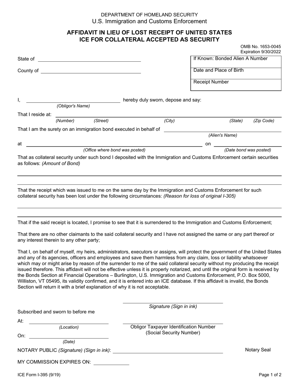 ICE Form I-395 Affidavit in Lieu of Lost Receipt of United States ICE for Collateral Accepted as Security, Page 1