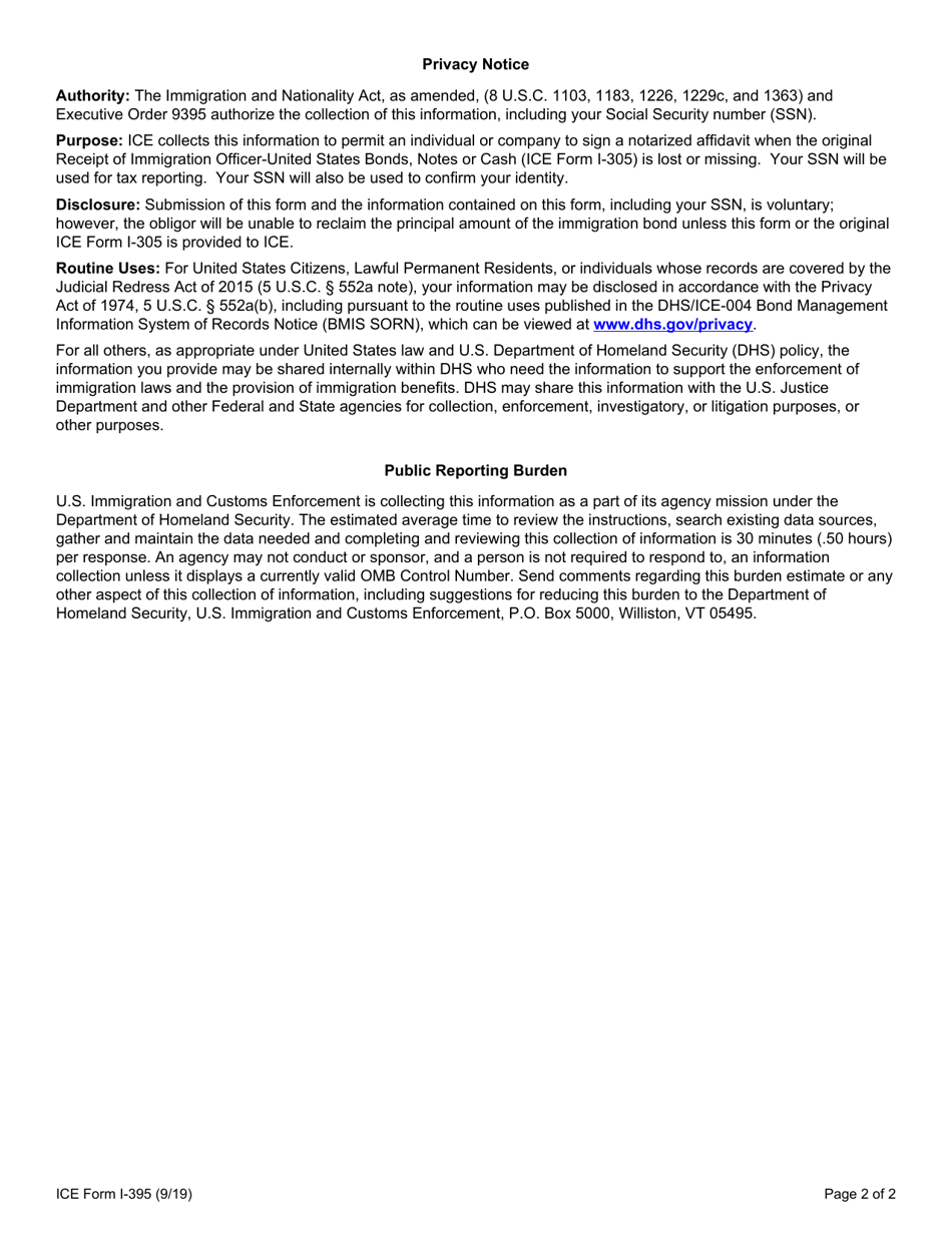 ICE Form I-395 Affidavit in Lieu of Lost Receipt of United States ICE for Collateral Accepted as Security, Page 2