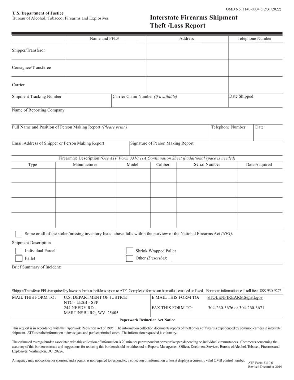 ATF Form 3310.6 Interstate Firearms Shipment Theft / Loss Report, Page 1