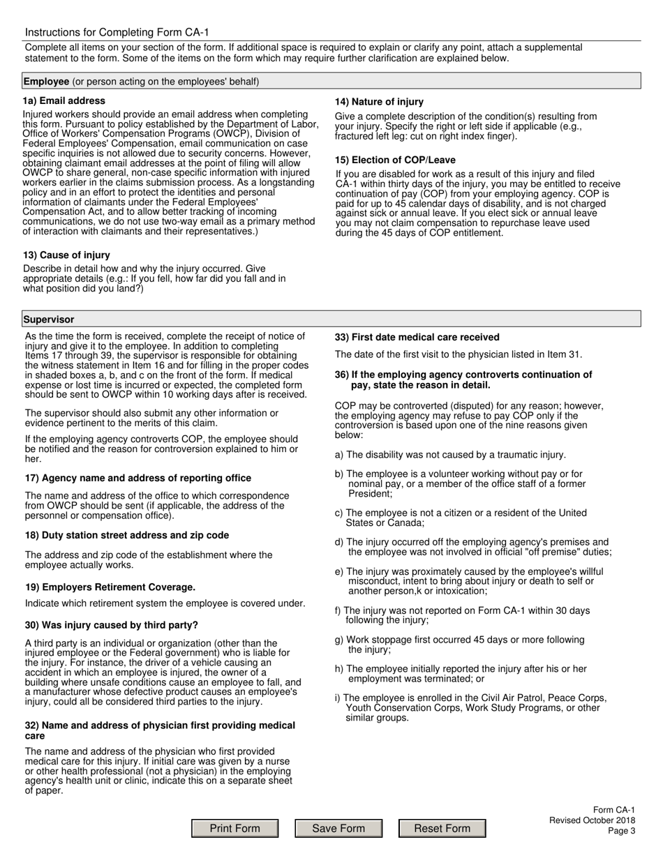 Form CA-1 Federal Employees Notice of Traumatic Injury and Claim for Continuation of Pay / Compensation, Page 3