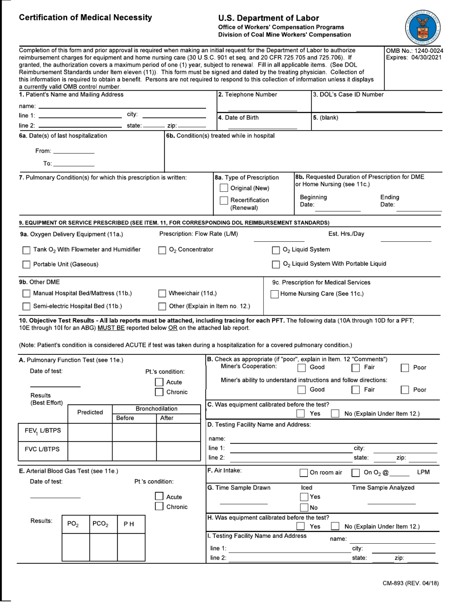 Form CM-893 Certification of Medical Necessity, Page 1