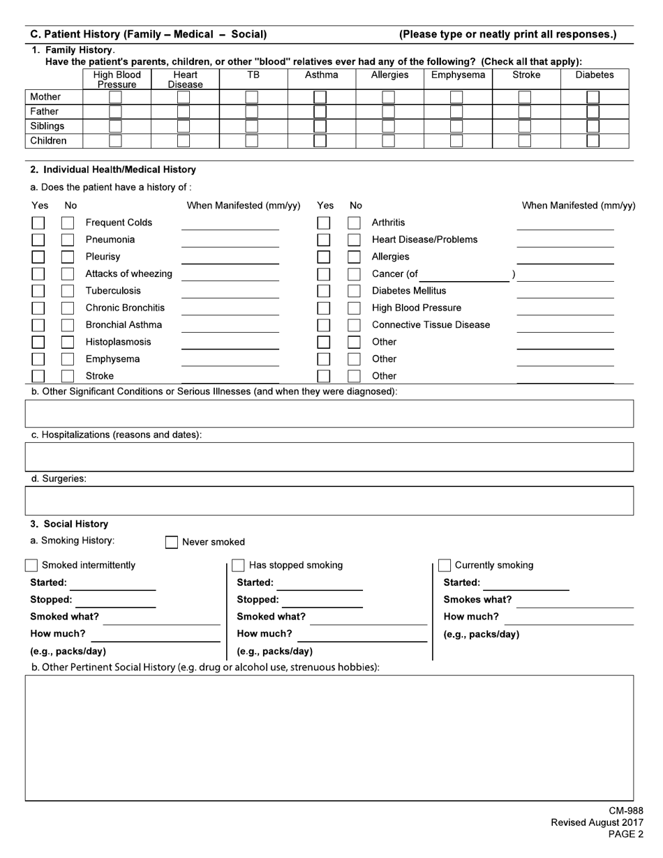 Form CM-988 Medical History and Examination for Coal Mine Workers Pneumoconiosis, Page 2