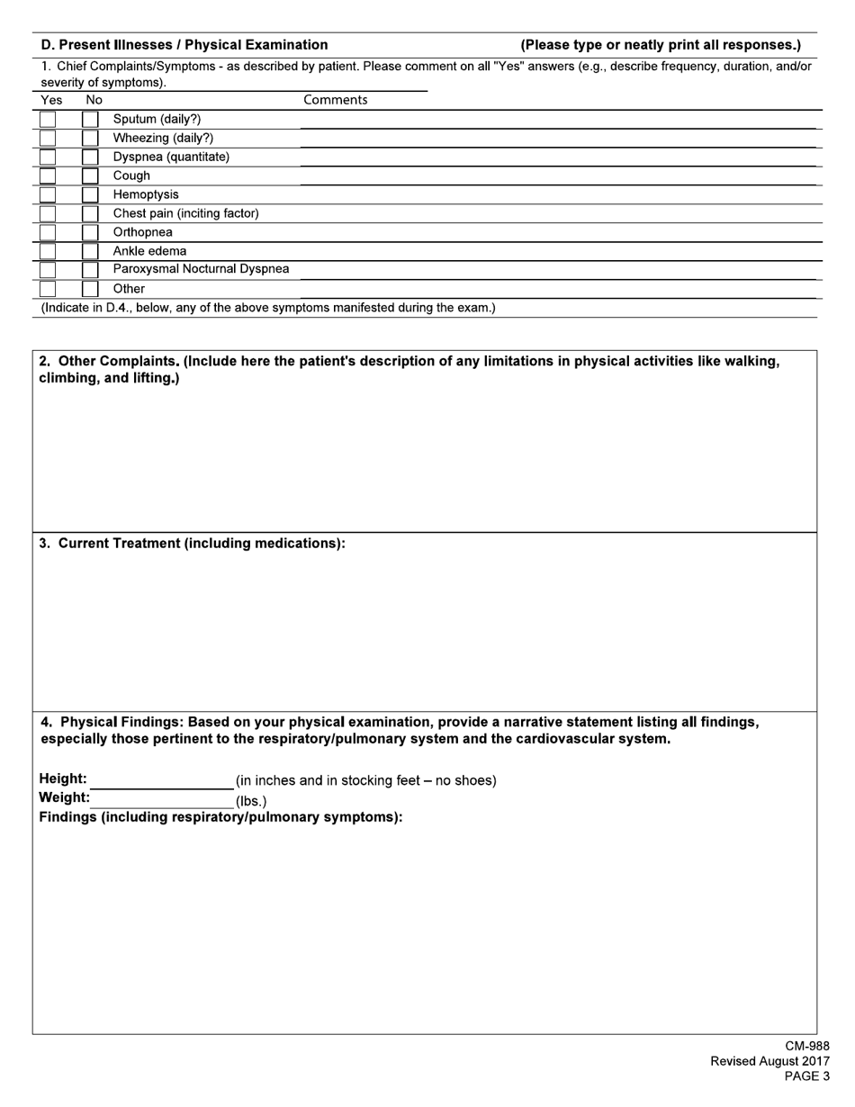 Form CM-988 Medical History and Examination for Coal Mine Workers Pneumoconiosis, Page 3