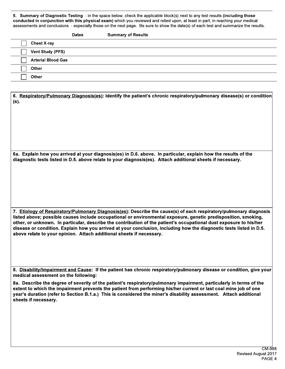Form CM-988 Medical History and Examination for Coal Mine Workers Pneumoconiosis, Page 4