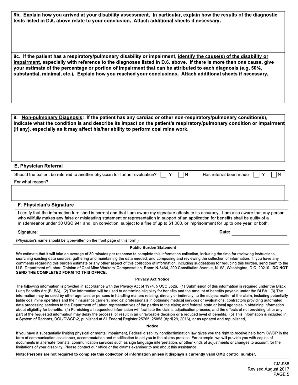 Form CM-988 Medical History and Examination for Coal Mine Workers Pneumoconiosis, Page 5