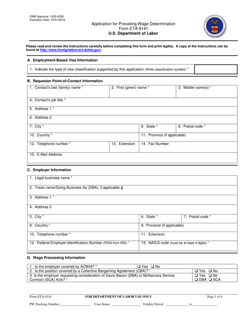 Form ETA 9141 Download Fillable PDF Or Fill Online Application For 