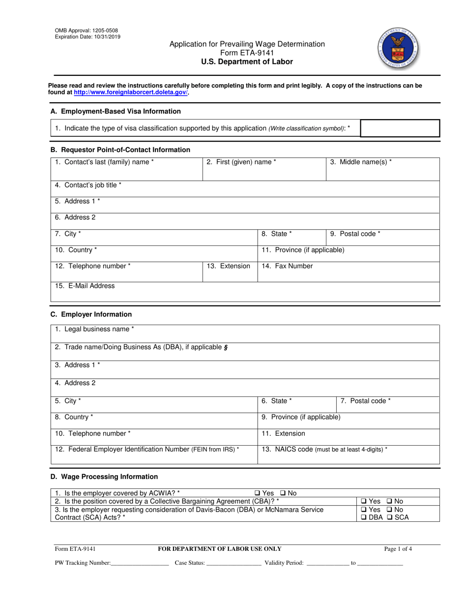 Form ETA-9141 Application for Prevailing Wage Determination, Page 1