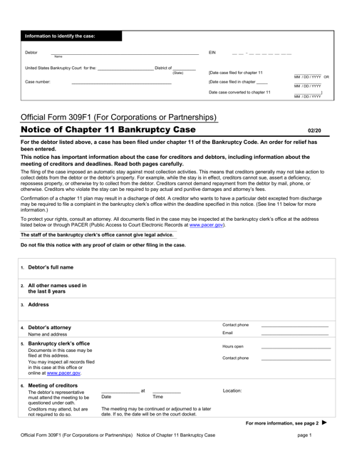Official Form 309F1 Notice of Chapter 11 Bankruptcy Case