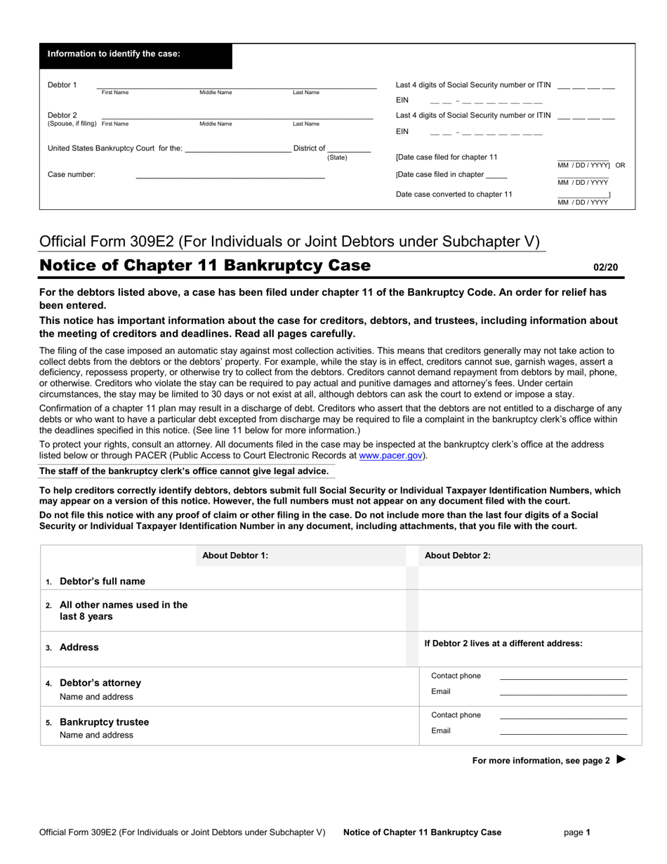 Official Form 309E2 Notice of Chapter 11 Bankruptcy Case, Page 1