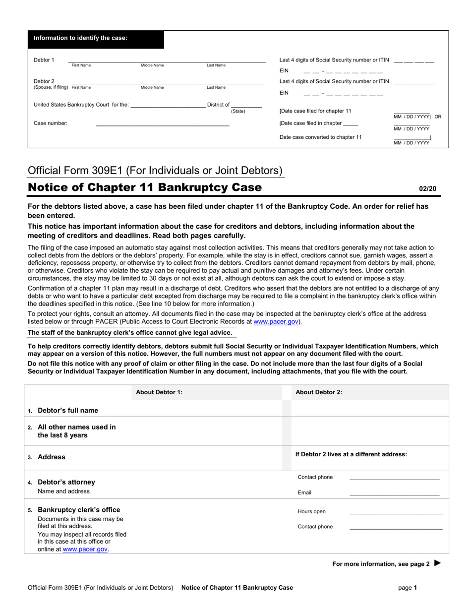 Official Form 309E1 Notice of Chapter 11 Bankruptcy Case, Page 1