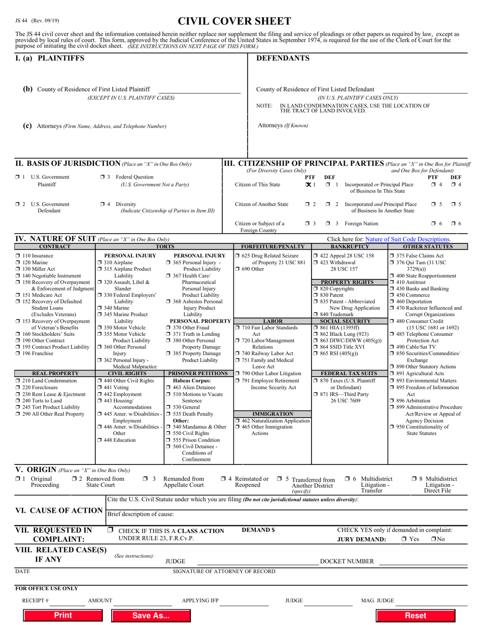 Form JS44 Download Fillable PDF or Fill Online Civil Cover Sheet