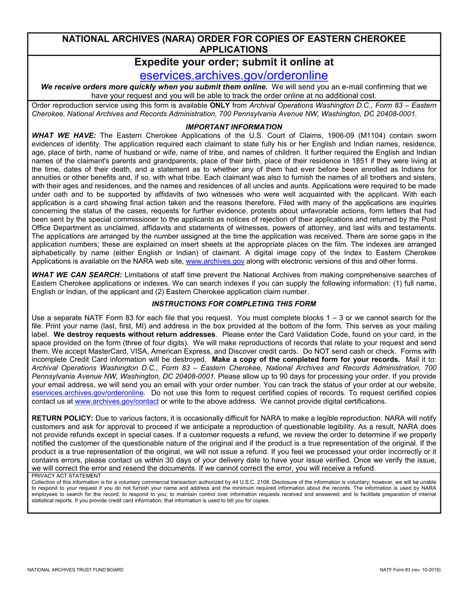 NATF Form 83 National Archives Order for Copies of Eastern Cherokee Applications, Page 1