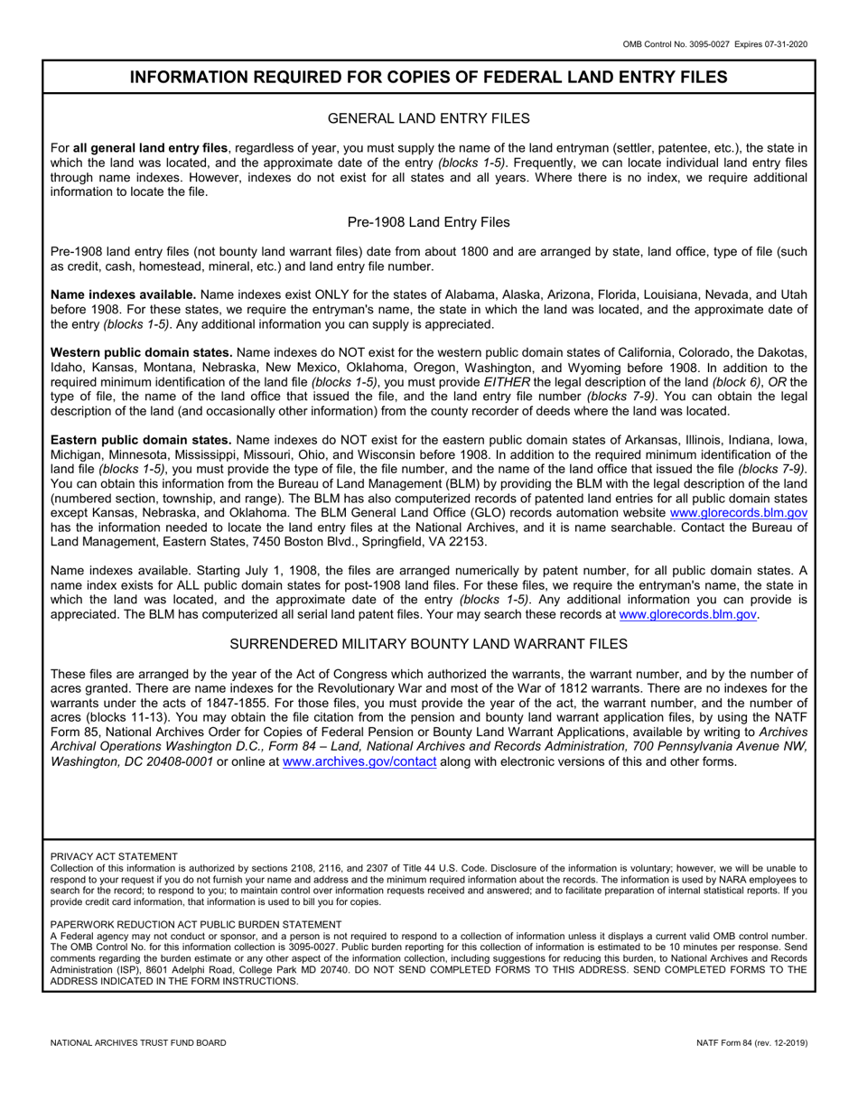 NATF Form 84 National Archives Order for Copies of Land Entry Files, Page 2
