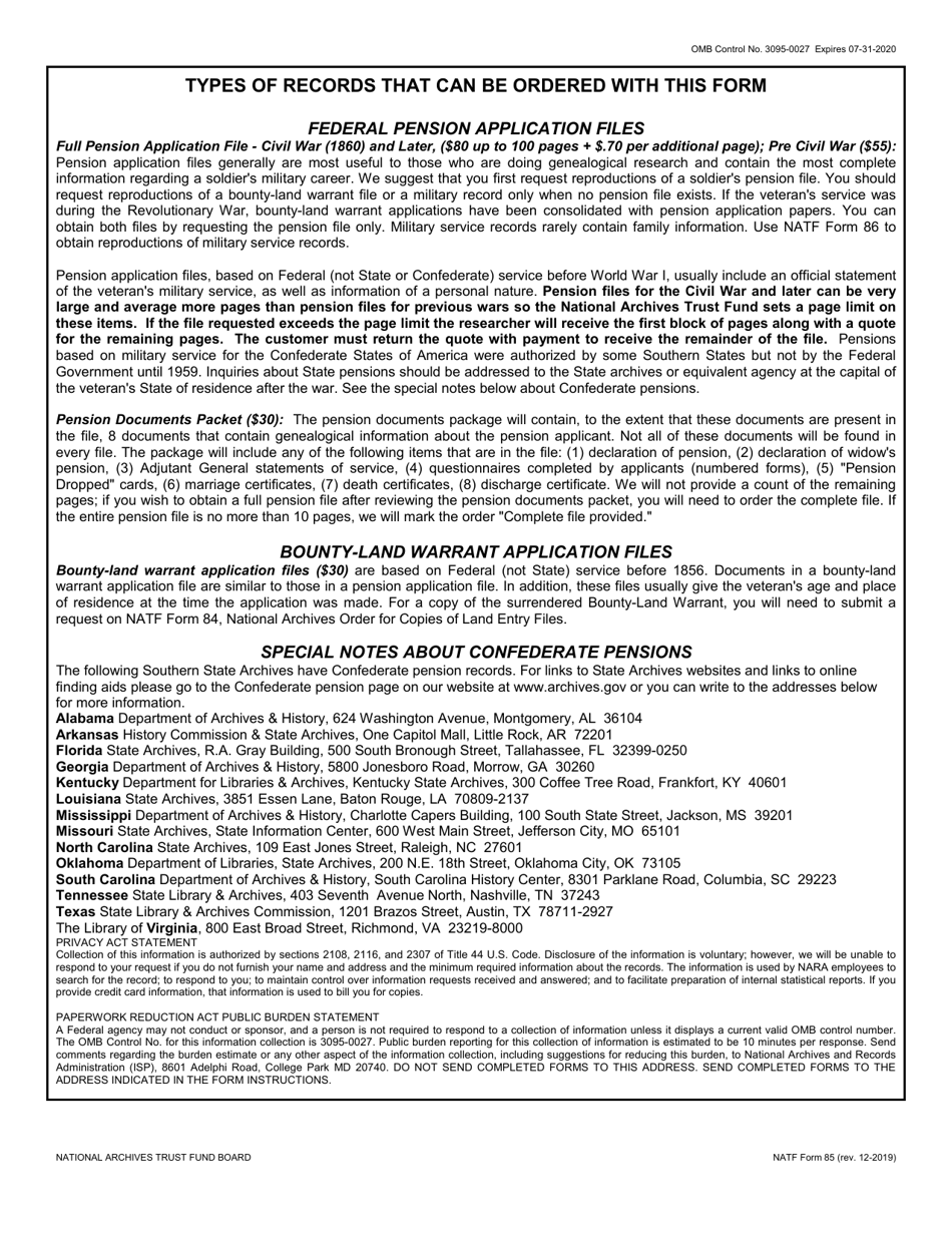 NATF Form 85 National Archives Order for Copies of Federal Pension or Bounty Land Warrant Applications, Page 2