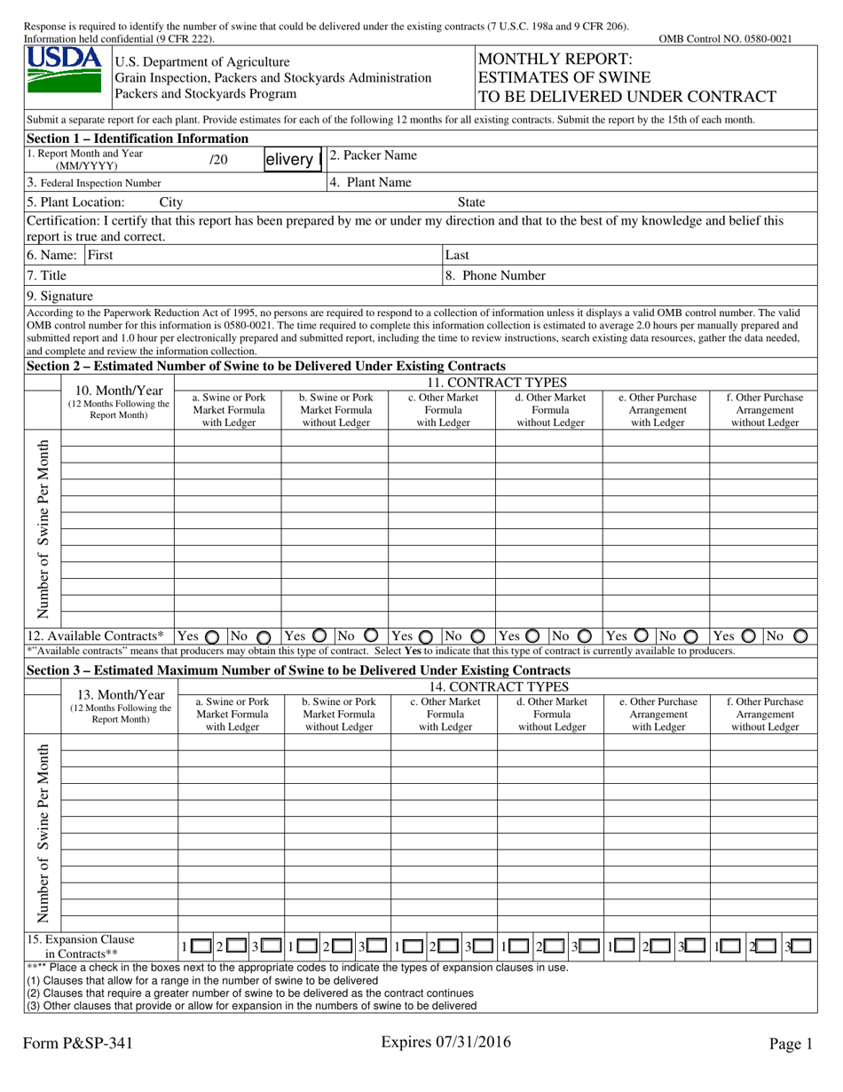 Form PSP-341 Monthly Report: Estimates of Swine to Be Delivered Under Contract, Page 1