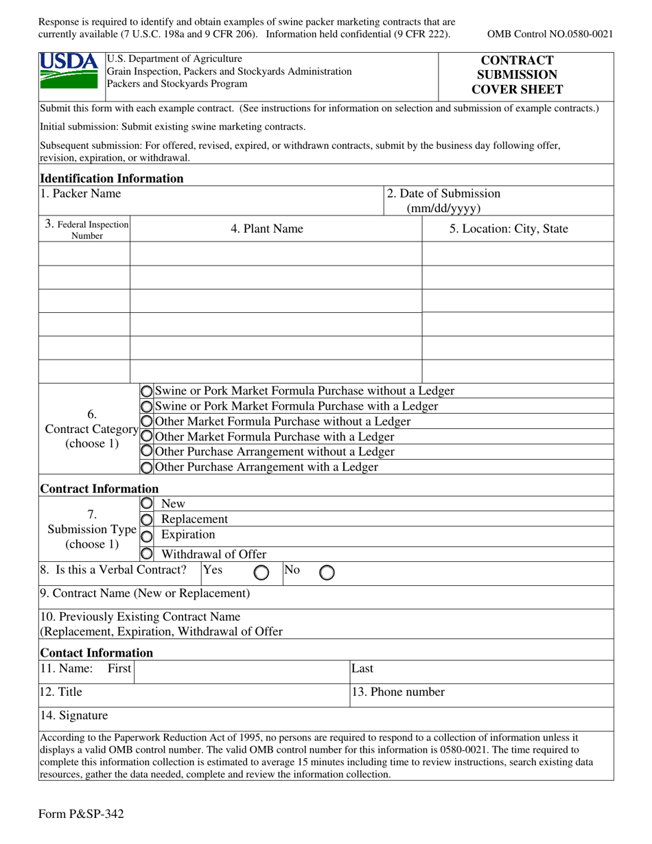 Form PSP-342 Contract Submission Cover Sheet, Page 1