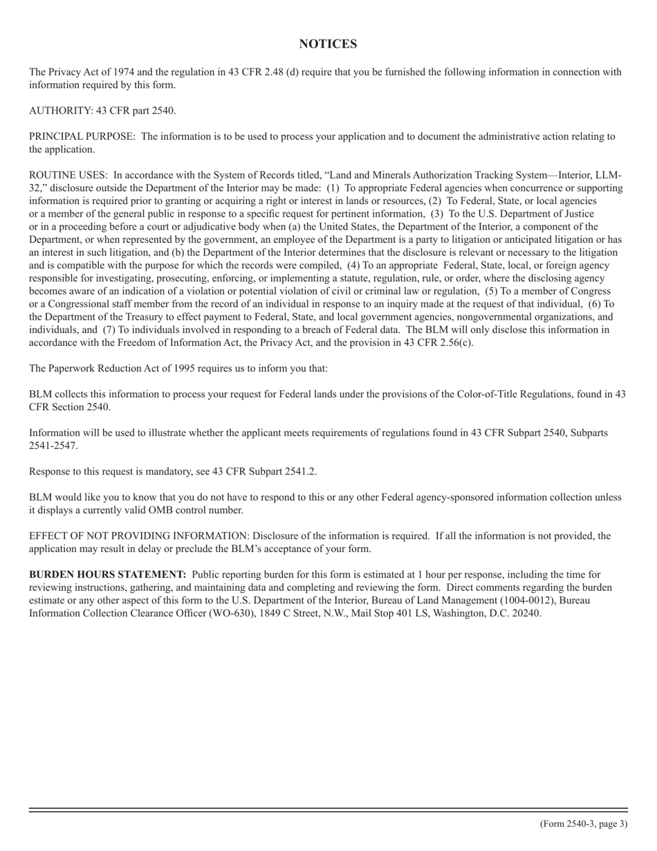 Form 2540-3 Color-Of-Title Tax Levy and Payment Record, Page 3