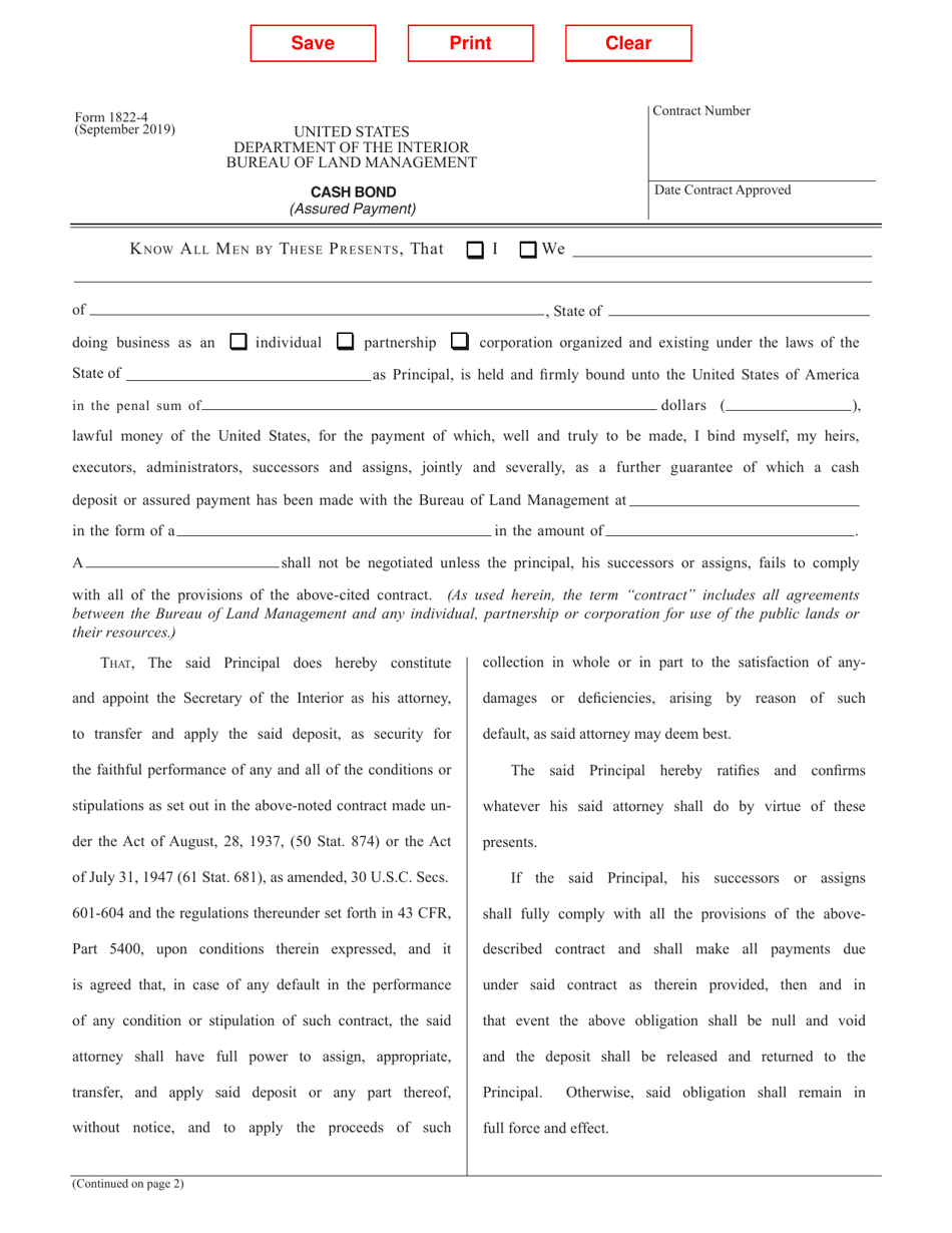 Form 1822-4 Cash Bond, Page 1